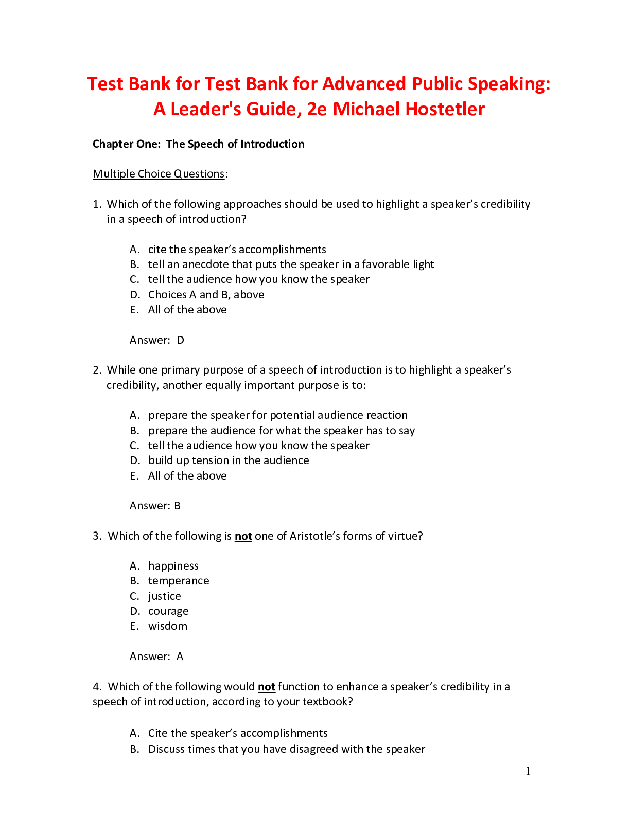 Preview of Advanced Public Speaking A Leader's Guide, 2e  Michael Hostetler (Test Bank)